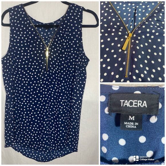 Tacera Sleeveless Blouse Womens Size M Blue White Polka Dot V Neck Zipper Accent - Picture 1 of 11